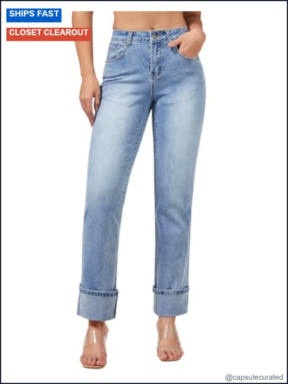High Waisted Straight Leg Jeans Stretchy Denim Cuffed Pockets